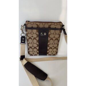 Coach Signature Brown Canvas Crossbody Bag With Beige Strap & Pink Interior